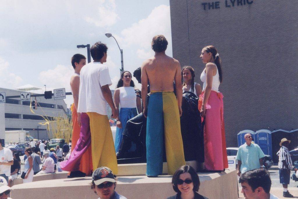 Julie M. Anderson, Marissa DeVita, Steven Dewey, Darek Scottie Russell, Christy Thorndill, and Melissa Webb perform with aminibigcircus at Baltimore's Artscape 2000