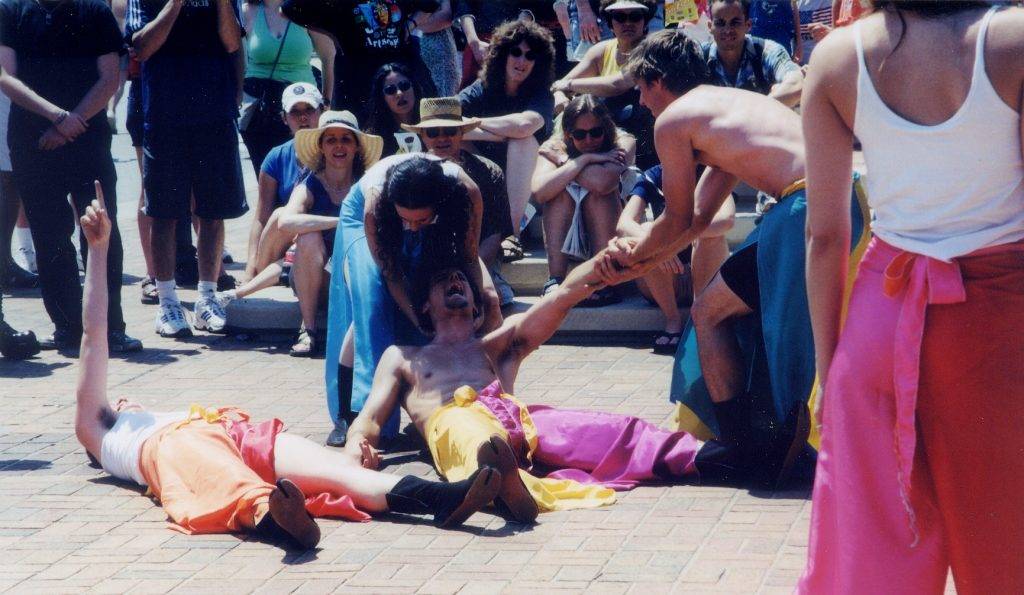 Steven Dewey, Darek Scottie Russell, Christy Thorndill, and Melissa Webb perform with aminibigcircus at Baltimore's Artscape 2000