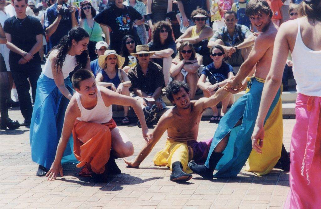 Steven Dewey, Darek Scottie Russell, Christy Thorndill, and Melissa Webb perform with aminibigcircus at Baltimore's Artscape 2000